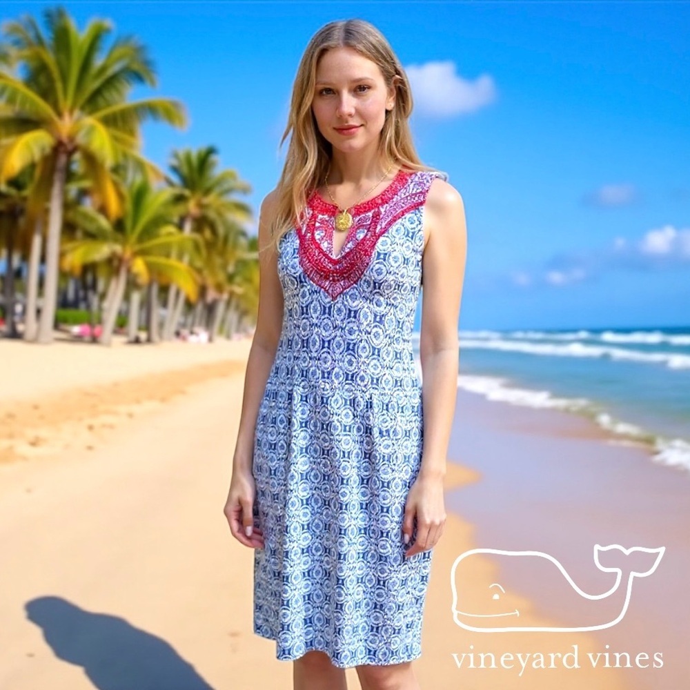Vineyard Vines Whale Tail Tile Embroidered Summer Sun Dress XS